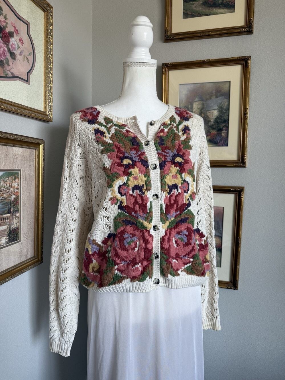 Cambridge Petite Sz Large Floral Cream Pink Button Up Long Sleeve Sweater Linen